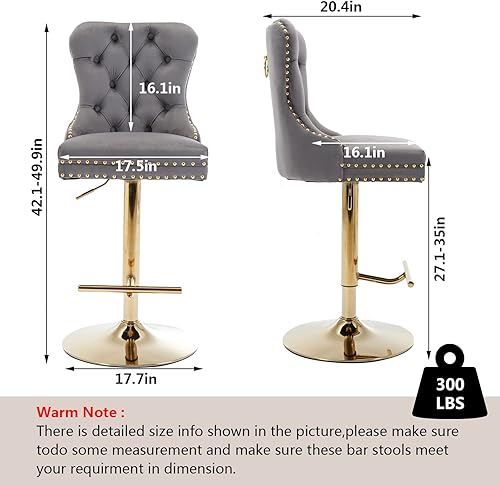 Miniatura 2 de Aoowow Juego de 2 taburetes de bar giratorios de terciopelo, taburetes de bar tapizados en altura ajustable en altura, taburete moderno con botones