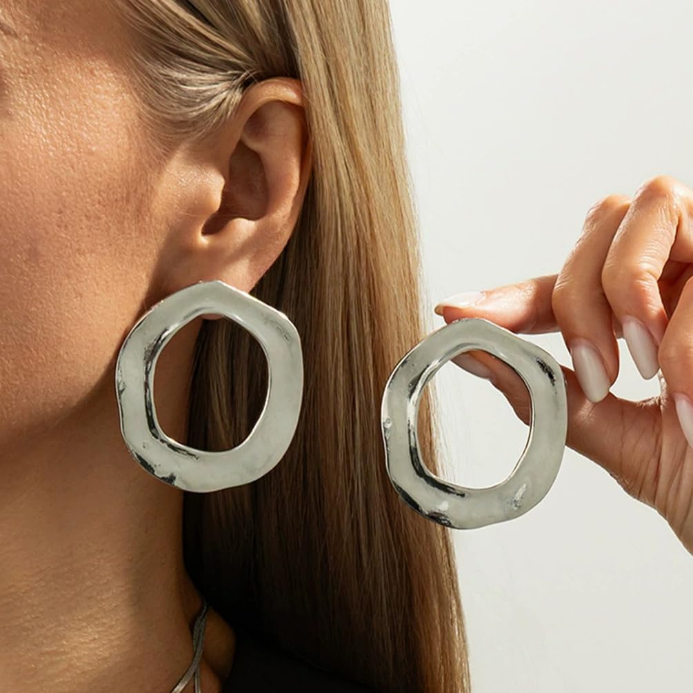 Chunky Gold Hollow Round Circle Stud Earrings for Women Statement Large Silver Irregular Geometric Drop Earring Trendy Prom Party Jewelry Accessories - Image 3