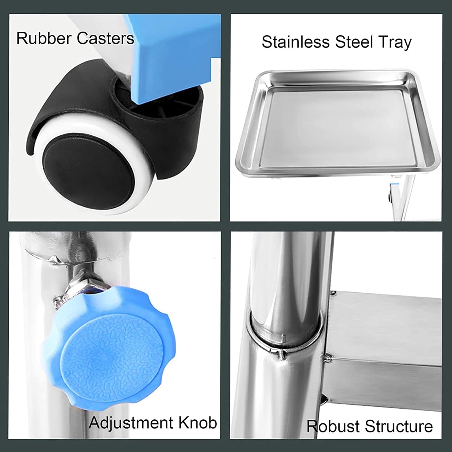 Mobile Mayo Tray Stand Trolley for Medical Doctor Tattoo Spa Salon Equipment -Adjustable Height Stainless Steel with Removable Tray & Wheels