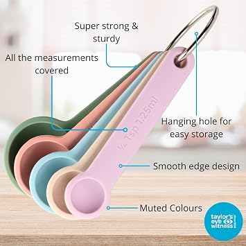 Taylors Eye Witness 5 Piece Silicone Measuring Spoon Set – Zero Plastic, LFGB Food Grade Kitchen Utensils for Accurate Baking & Cooking. Includes ¼ TSP, ½ TSP, 1 TSP, ½ tbsp & 1 tbsp. Muted Colours