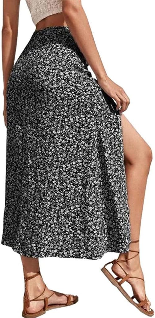 Women Sexy High Side Split Skirt Fashion Floral Print Split Thigh A Line Midi Skirt High Waist Elasticized Wrap Skirts Green