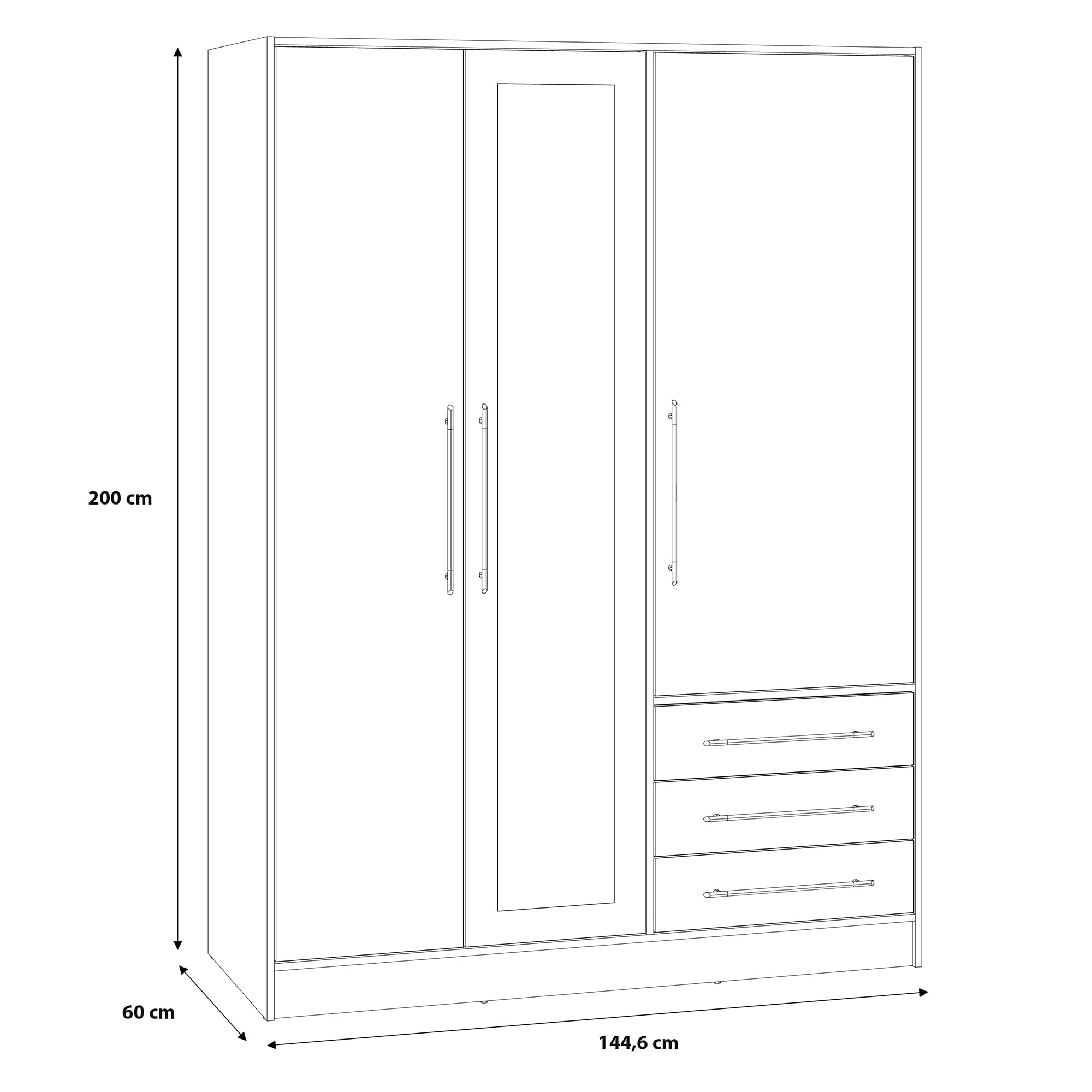 Forte Jupiter Kleiderschrank 145 150, moderner Drehtürenschrank, 3-türig, 2 Schubladen, Schlafzimmer, Holzwerkstoff, Schwarz, 144,6 cm breit x 200 cm hoch x 60 cm tief