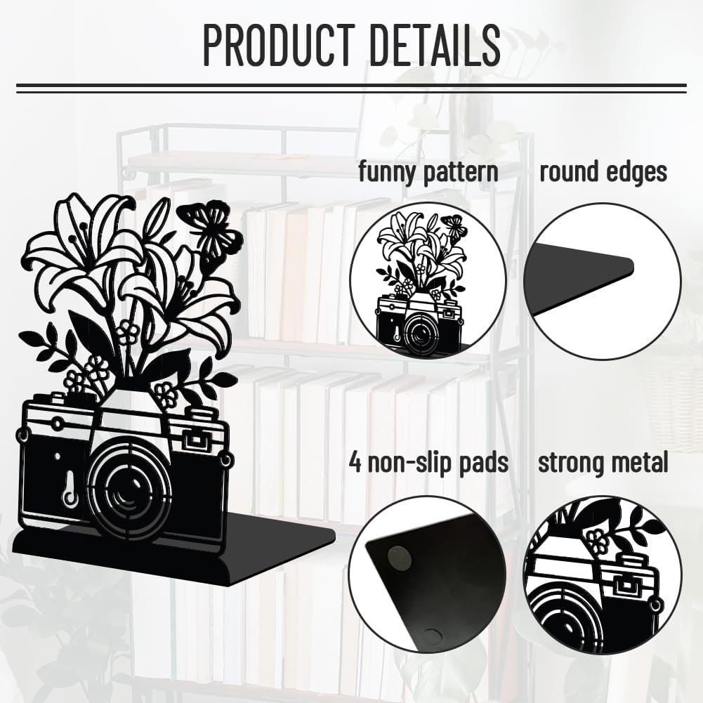 WADORN 1 Pair Camera Flowers Decorative Bookends for Shelves, Retro Heavy Duty Metal Book Ends Black Novelty Non-Skid Black Book Stopper for Library Home Office Dorm Reading Room, 5.3x4.3x7.9 Inch image 4