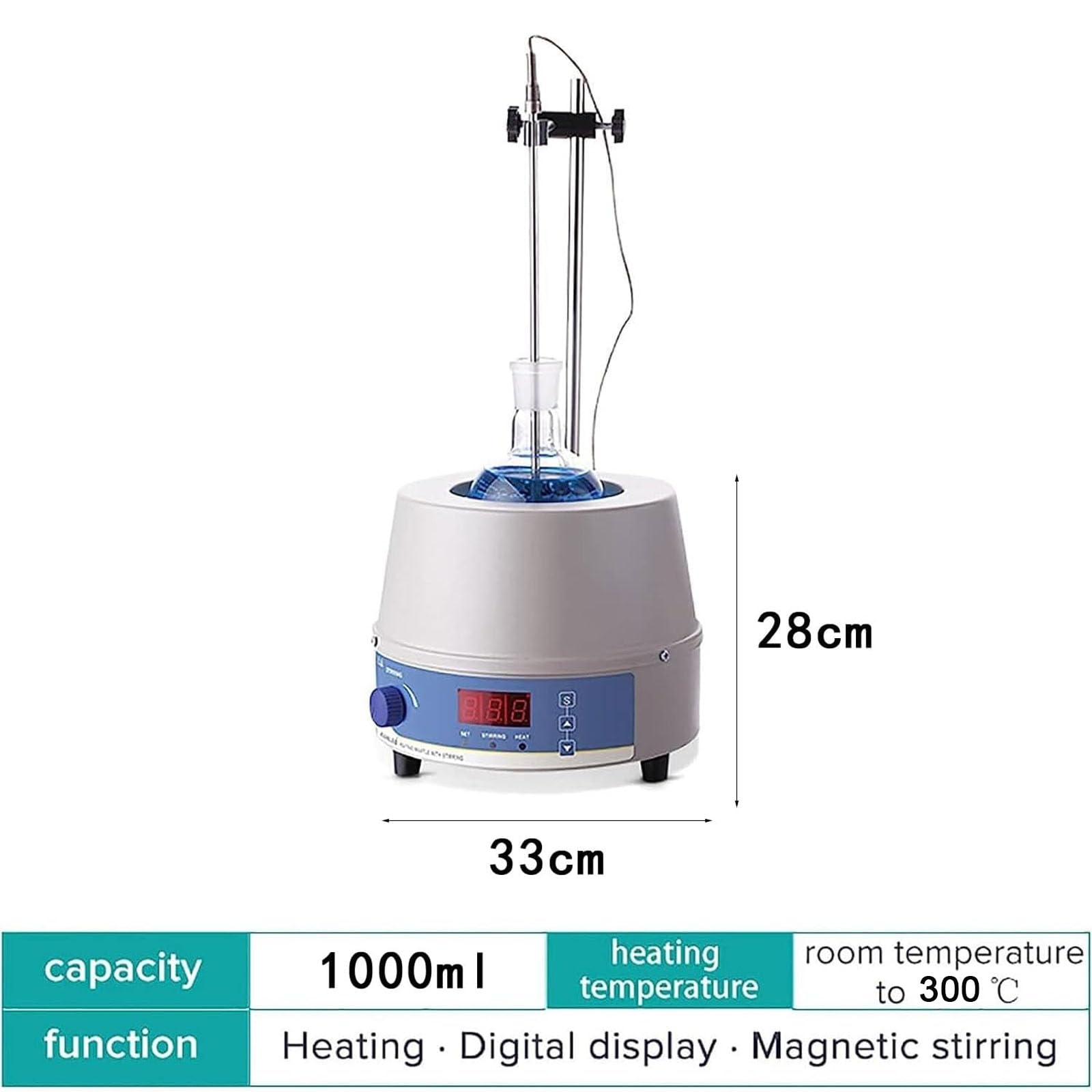 Manto eléctrico de calefacción de laboratorio de 1000 ml, agitador magnético con pantalla digital, velocidad ajustable de 100-2400 W, 100-2400 R/min, temperatura máxima de 300 °C, para uso en
