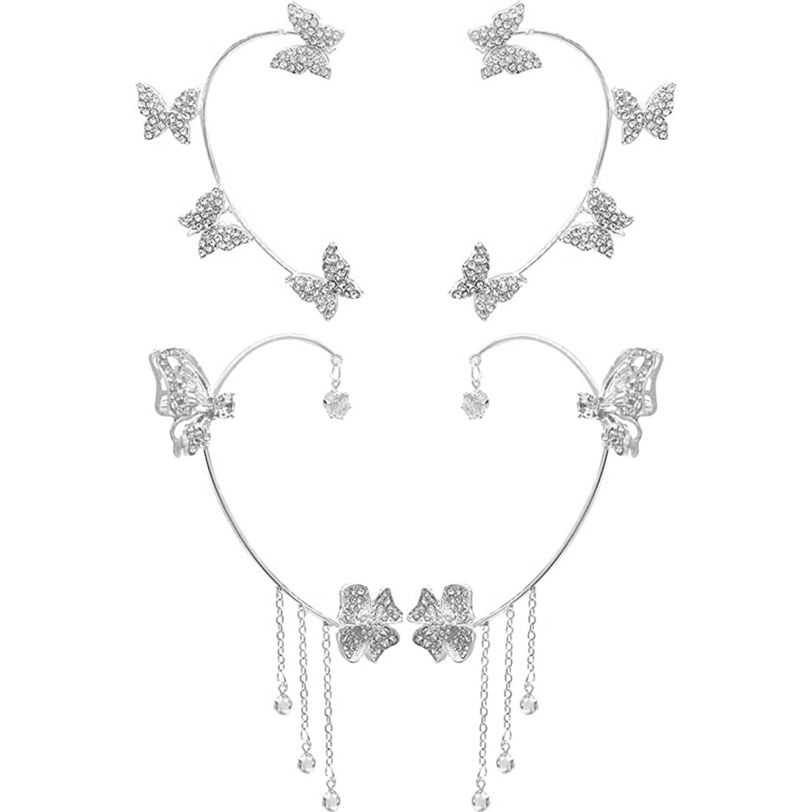 RIJXU2 Pairs Dainty Silver Butterfly Ear Cuffs & Wraps for Women Non Piercing Bling Butterfly Tassel Style Zircon Earrings Ear Clips Bridal Wedding Jewelry