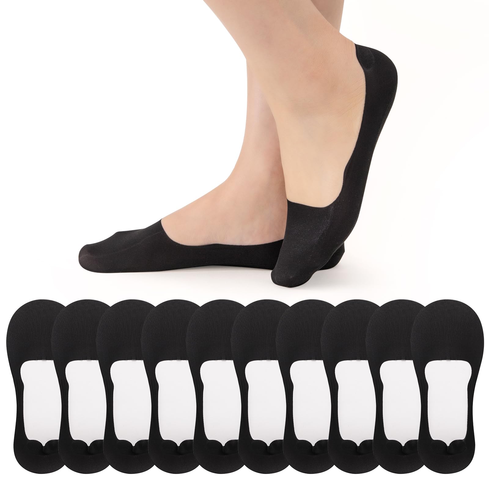 Manzi Women's Black 5 Pairs No Show Low Cut Socks Ultra Non Slip Invisible Liner Socks For Loafer Flats Sneakers Boat Shoes M
