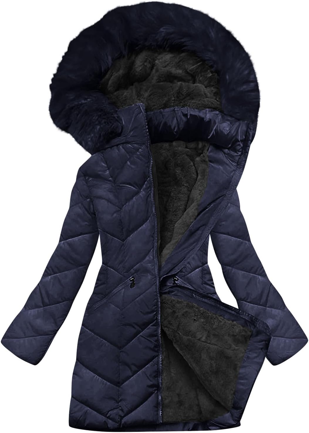 FZYLQY Quilted Jackets for Women Long Thicken Puffer Jacket Fleece Lined Winter Coats Hooded Down Outwear with Zip Pockets