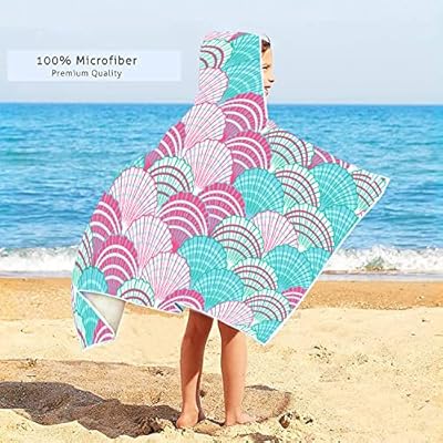 Kids Shells Hooded Beach Towel, Cute Pink Shells Large Microfiber Beach Bath Towel with Hood for Girls 50"x30", Soft Absorbent Quick Dry Beach Swim Pool Towel for Toddler (Shells) 61SPwdkCUsL. SS400
