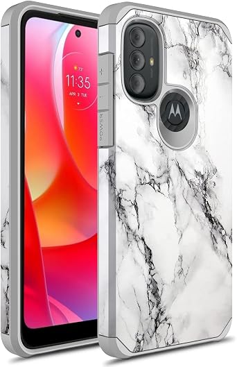 Compatible with Moto G Power 2022 Case, Moto G Pure Case, Moto G Play 2023 Case, Slim Hybrid Shockproof Graphic Fashion Cover Armor Case White Marble