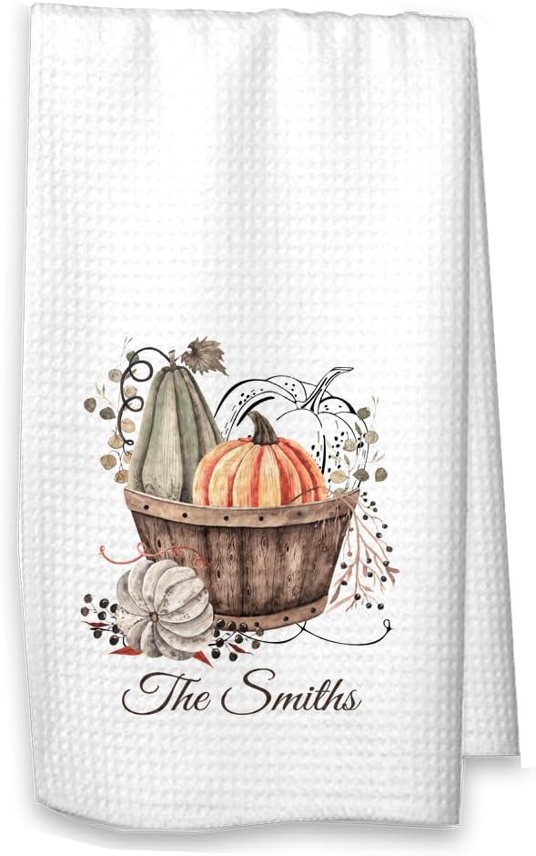 Studio 9Thirty3 Personalized Fall Pumpkin Basket Kitchen Towel – Rustic Farmhouse Autumn Design with Custom Family Name – Premium Waffle Weave Thanksgiving & Housewarming Gift