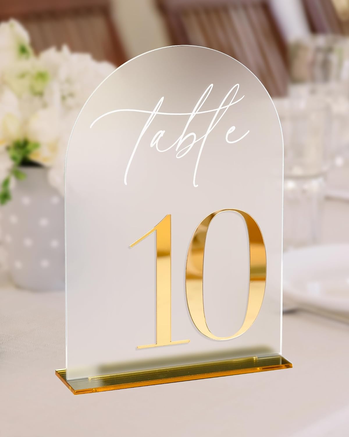 White and Gold Acrylic Arch Wedding Table Numbers 1-15 with Stand
