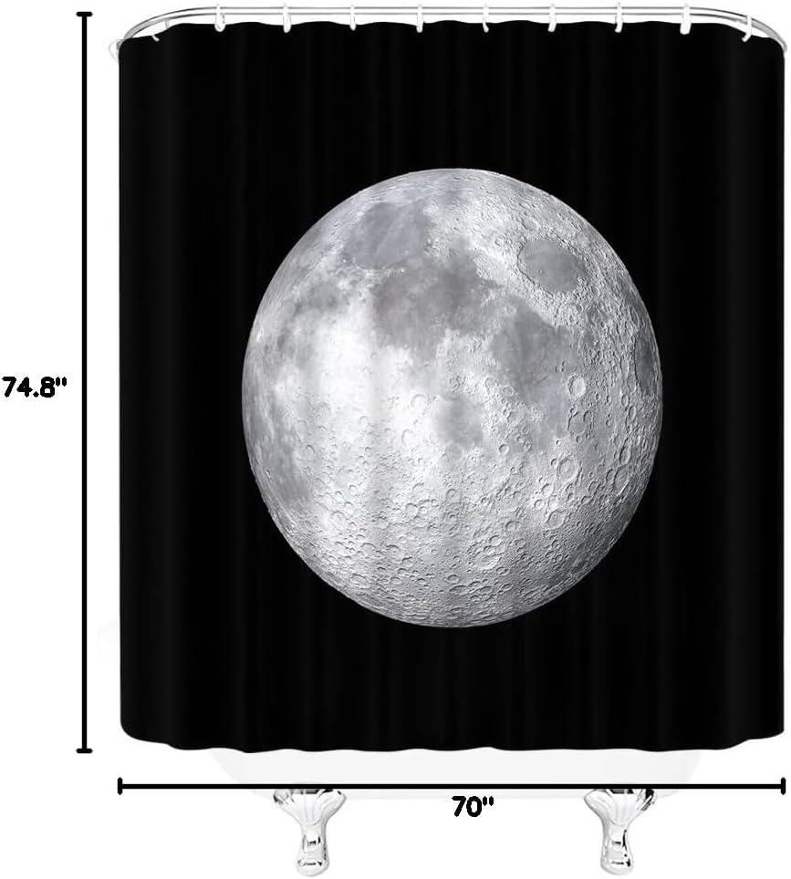 Full Moon Shower Curtain Black Gray Moonlight Celestial Outer Space Universe Starry Mysterious Background Fabric Bathroom Decor Set with Hooks(74.8" Wx70 H)