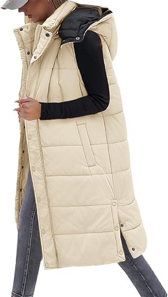 Long Puffer Vest Women With Hood Sleeveless Down Vest Warm Jacket Winter Coat With Pockets