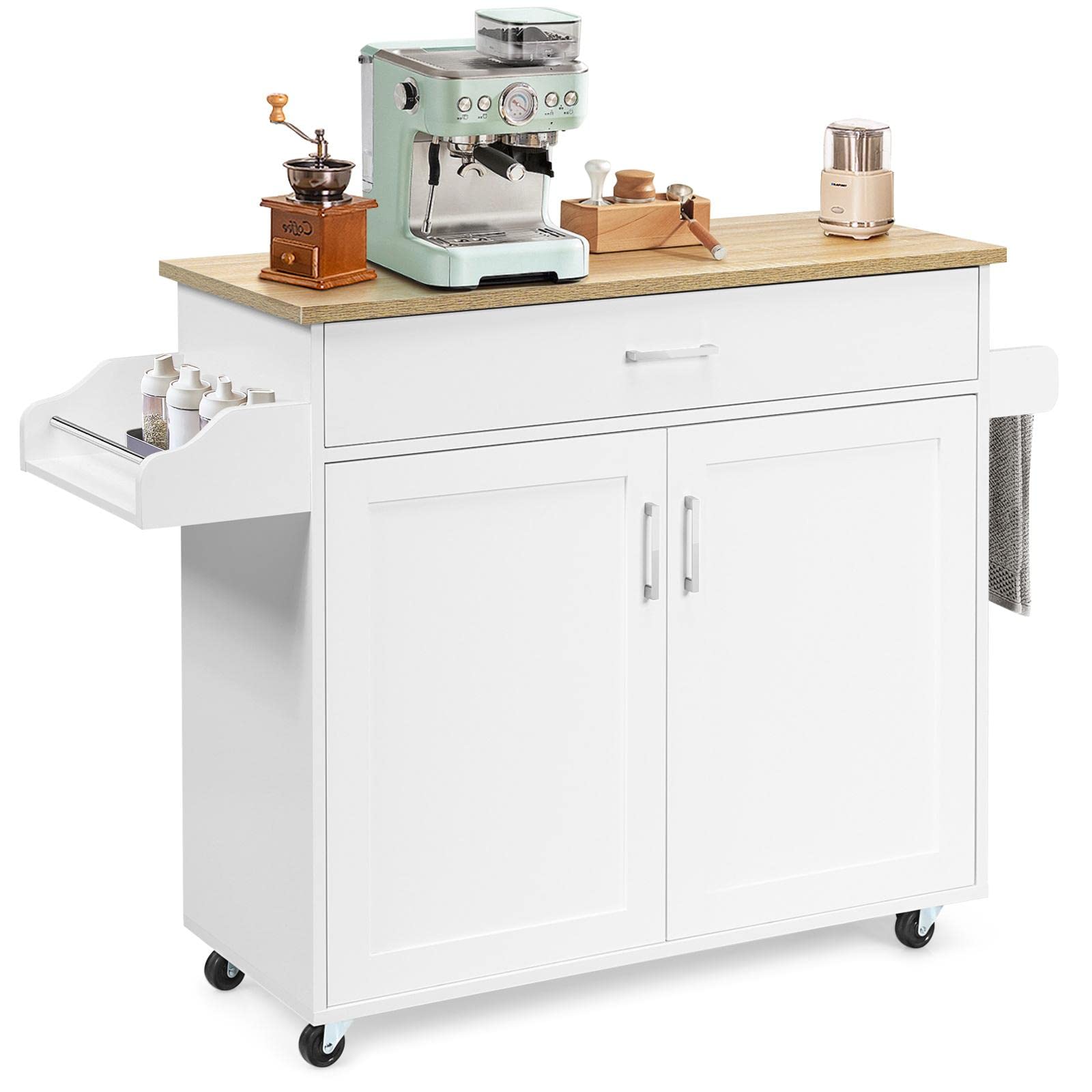 GIANTEX Kitchen Trolley with Wheels 85 cm, Wooden Kitchen Trolley with Cupboard Shelf on 3 Levels and Spice Stand, Central Kitchen Island with Large Drawer and Board