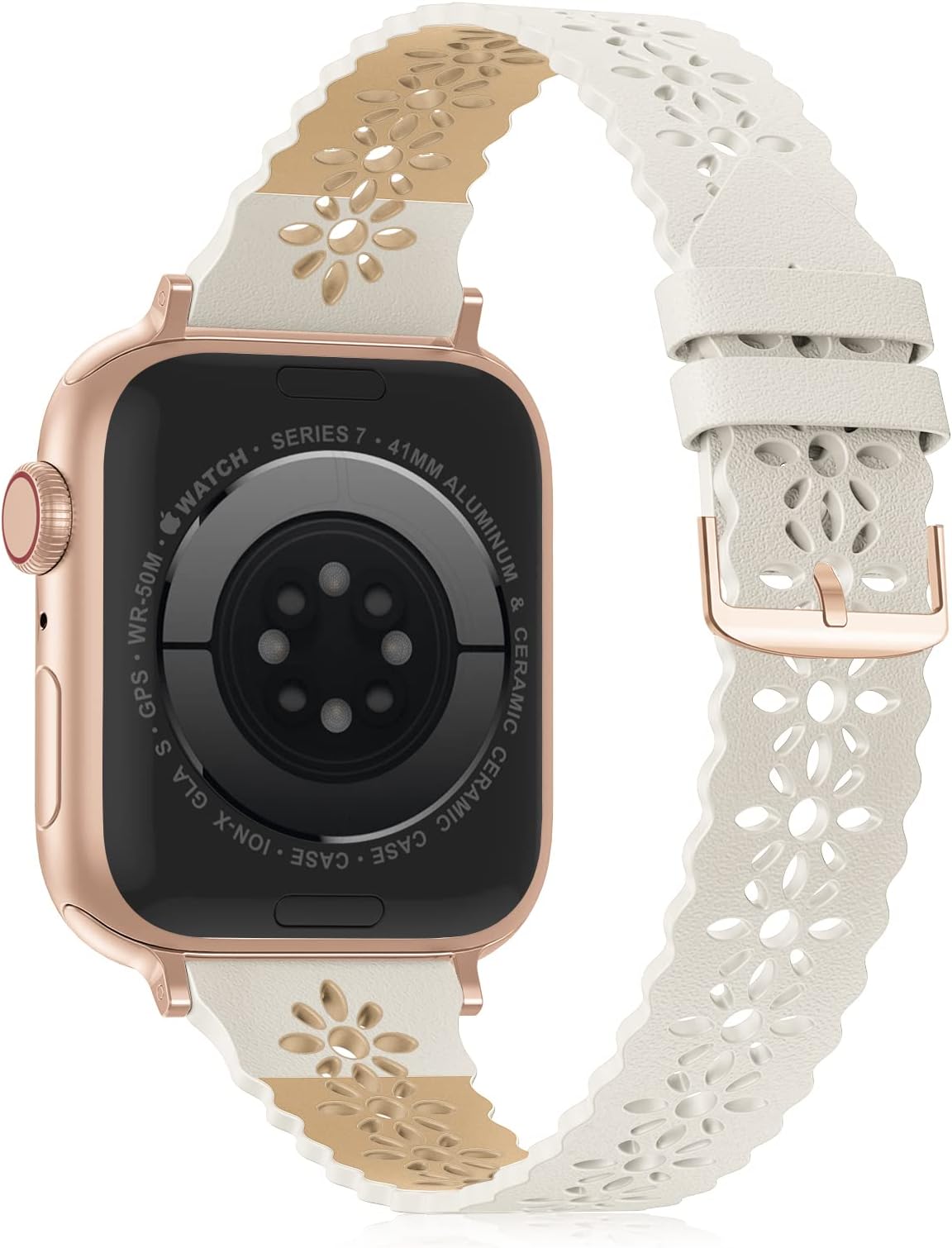 Bandiction Lace Leather Band Compatible with Apple Watch 38mm 40mm 41mm 42mm 44mm 45mm 49mm Women, Genuine Leather iWatch Bands Slim Thin with Classic Clasp for iWatch Series Ultra SE 8 7 6 5 4 3 2 1