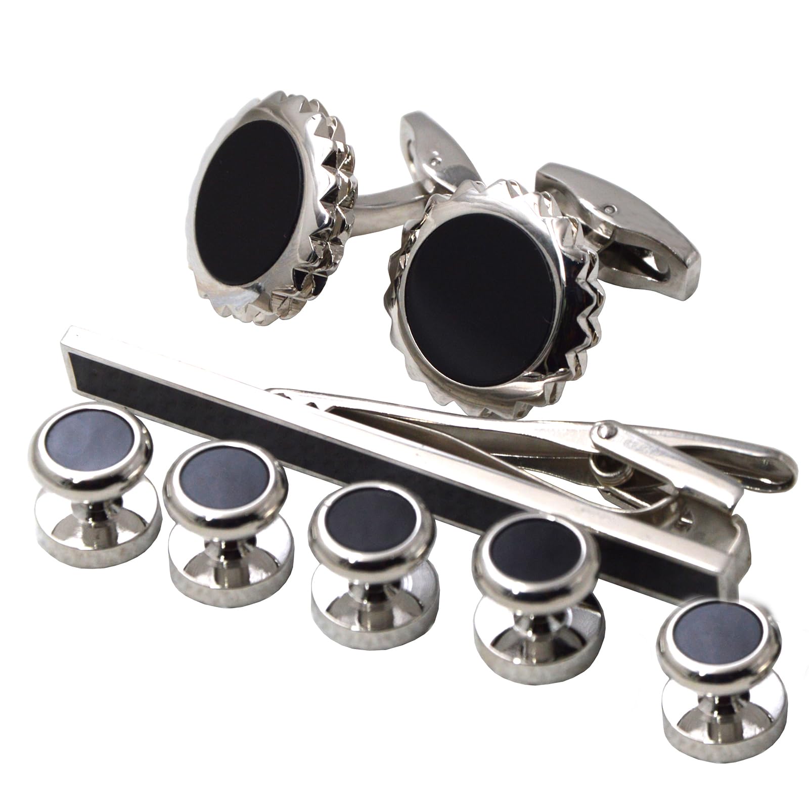 OKONES Gear Black Stone Cufflinks and 4Pcs Studs for Formal Tuxedo Shirt With a Gift Box, NA