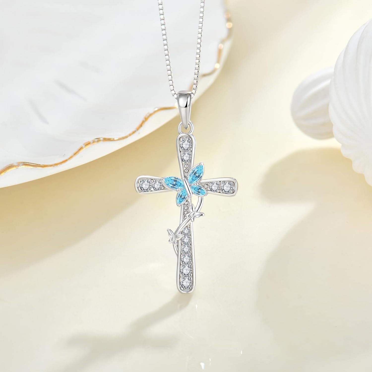 Women Butterfly Cross Necklace 925 Sterling Silver Crucifix Pendant Birthstones Jewelry Christmas Birthday Gift for Mom Wife Lover - Image 2