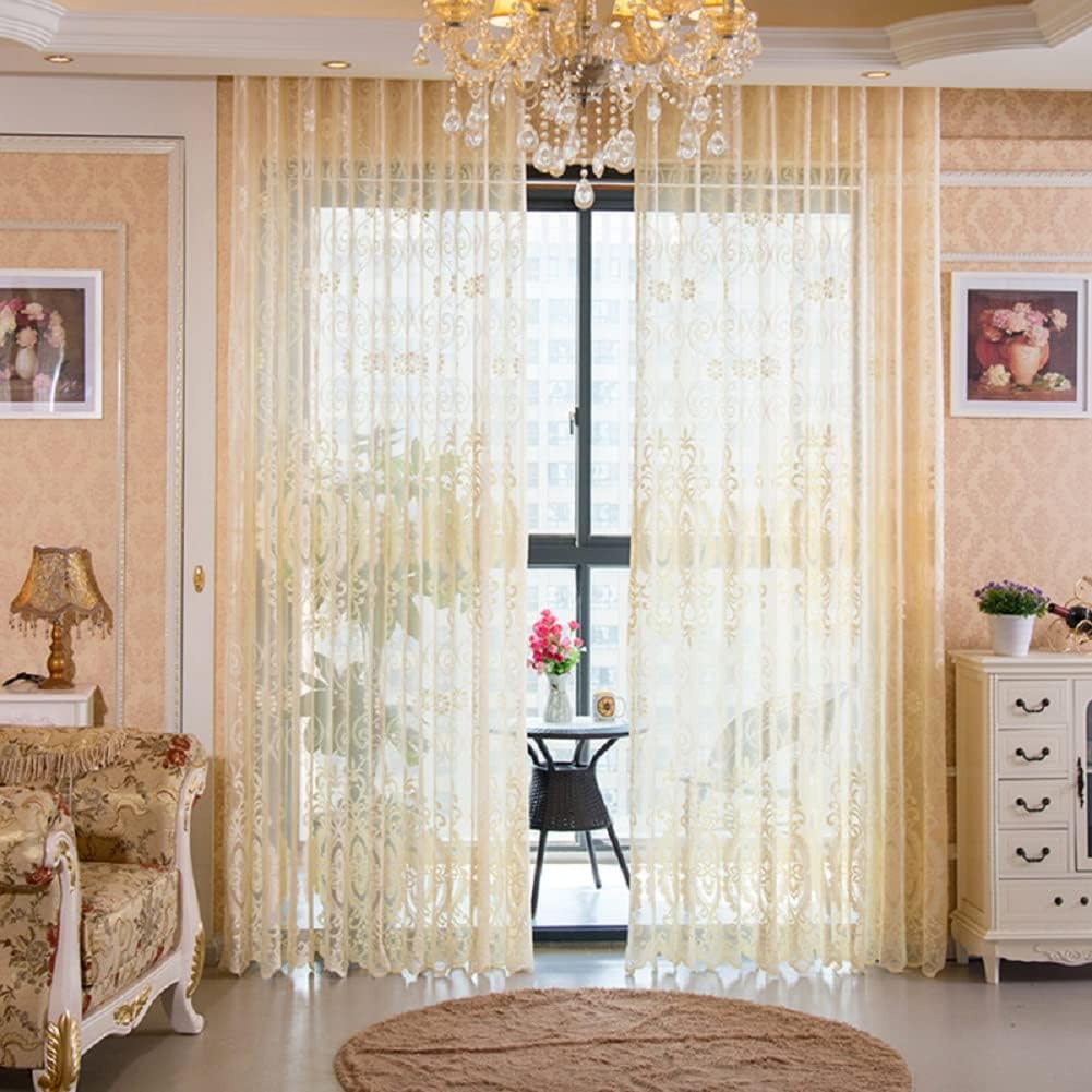 European Style Semi Jacquard Luxury Design Sheer Curtains Window Treatment for Living Kids Nursery Room Bedroom(1 Panel, W 100 x L 84 inch, Yellow)