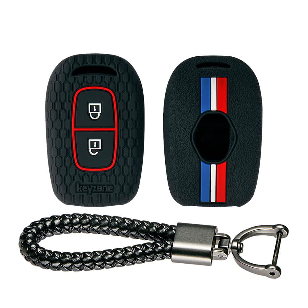 Keyzone® Striped Key Cover and Keyring, Black | Compatible for Triber, Kwid, Kiger, Duster 2016 onward models, 2 Button Remote Key, Black Leather Thread Keyring
