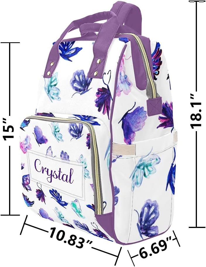 Personalized Watercolor Butterfly Purple Diaper Bag Backpack with Name Custom Mommy Nursing Baby Bags Nappy Bag Travel Daypack for Woman Gifts