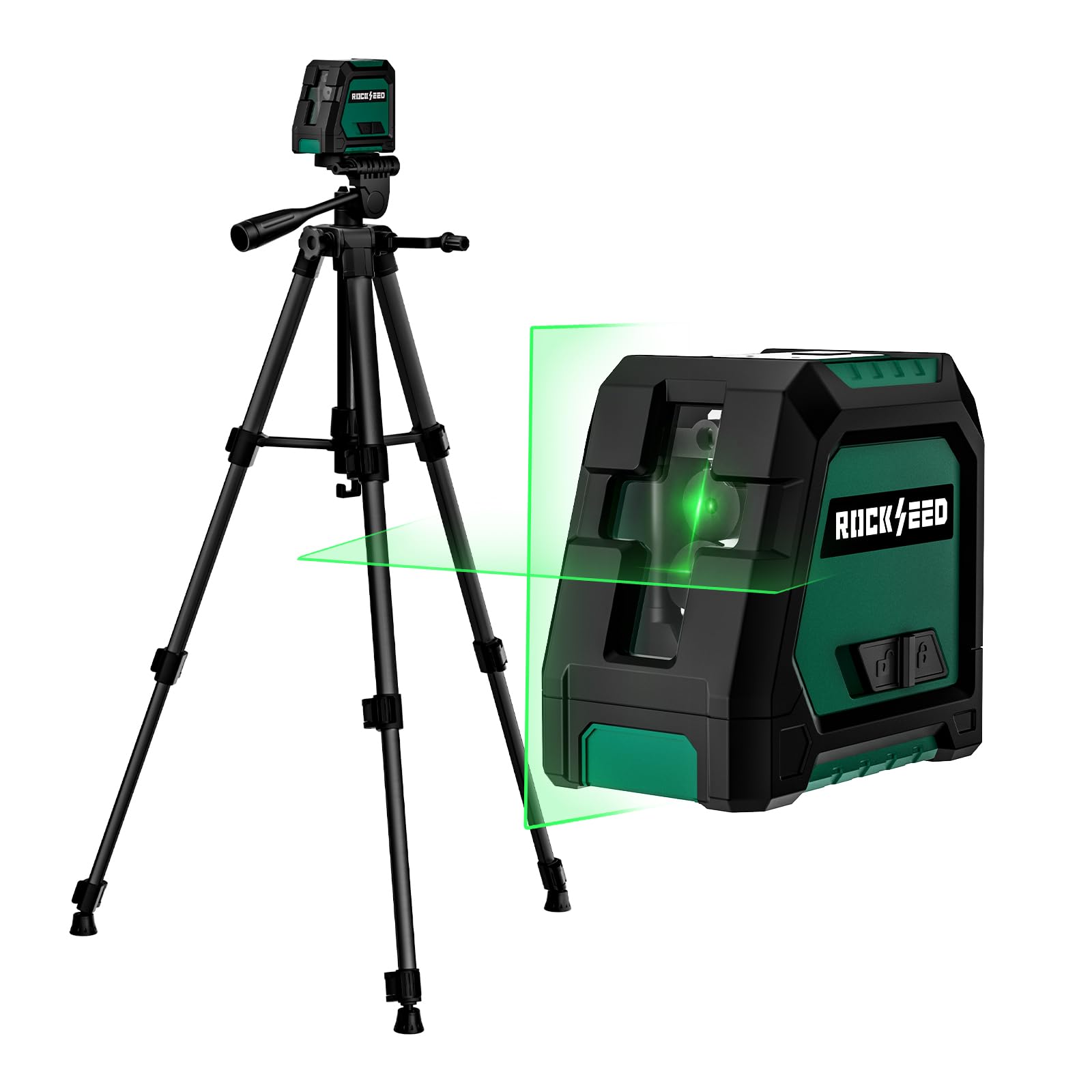 RockSeed Livella Laser a Doppio Modulo con 1,2m Treppiede,Livella a Linea Autolivellante, Raggio Verde Orizzontale e Verticale a 150°, 2 Batterie AA, per la Decorazione Domestica/fai da te/Cantiere