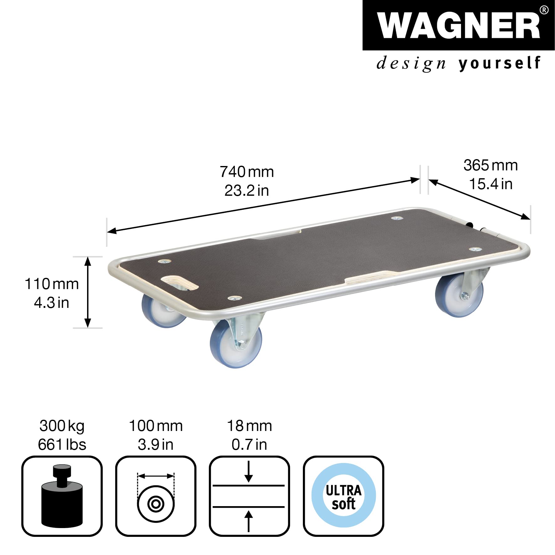 WAGNER Transportroller Transporthilfe 1345 I Schichtholz mit Grip I 74 x 36,5 x 11 cm, Tragkraft 300 kg I Stapelbehälter, Bügel klappbar, Griffe, Ladungssicherung I Möbelroller I FSC® I Made in DE