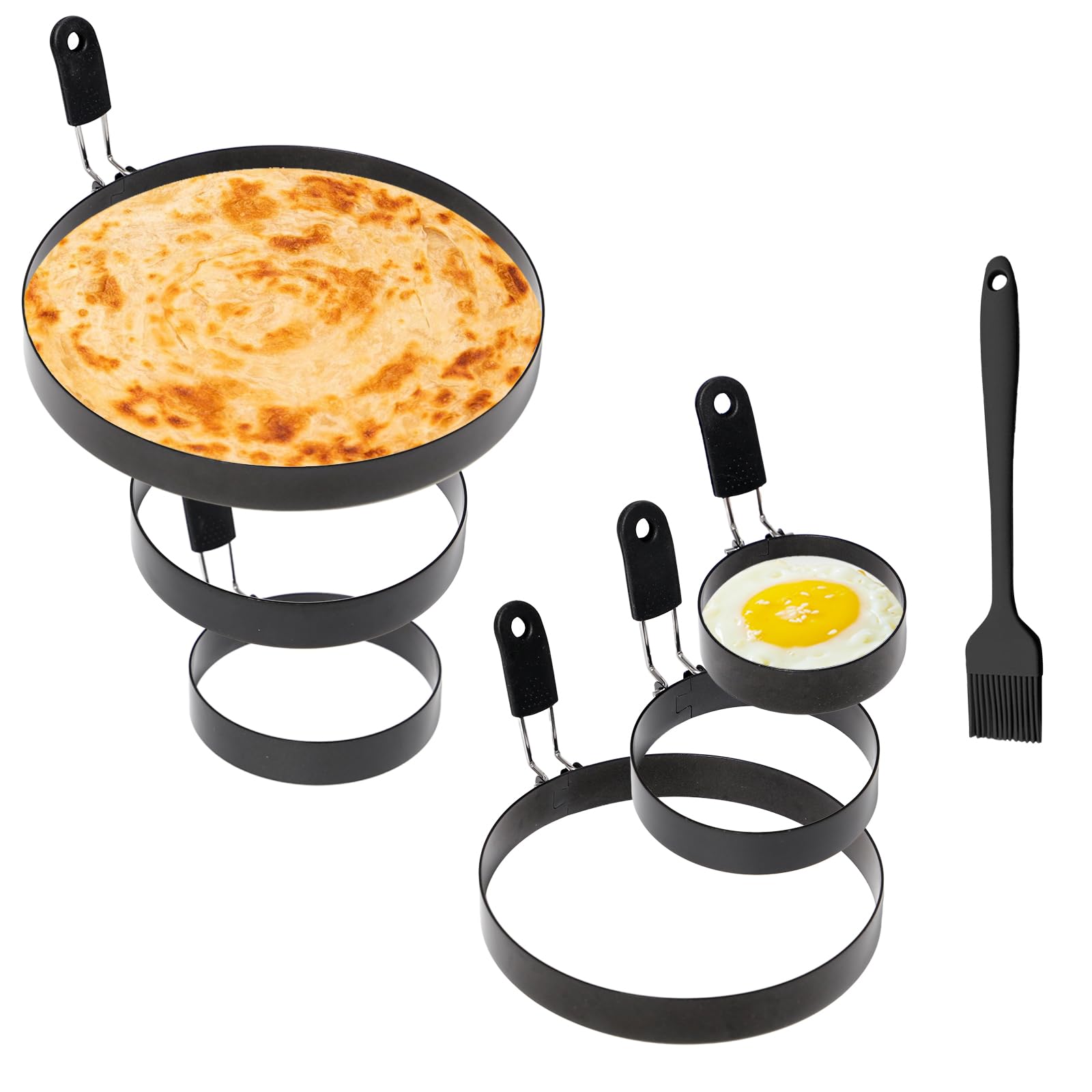 6pcs Stampo per Uova in Acciaio Inox Stampi ad Anello per Arrosti con Manico Pieghevole Anelli per Uova in Acciaio Inossidabile per Omelette per Uova,Frittelle,Muffin(7.5/9/10/12/15/20cm)