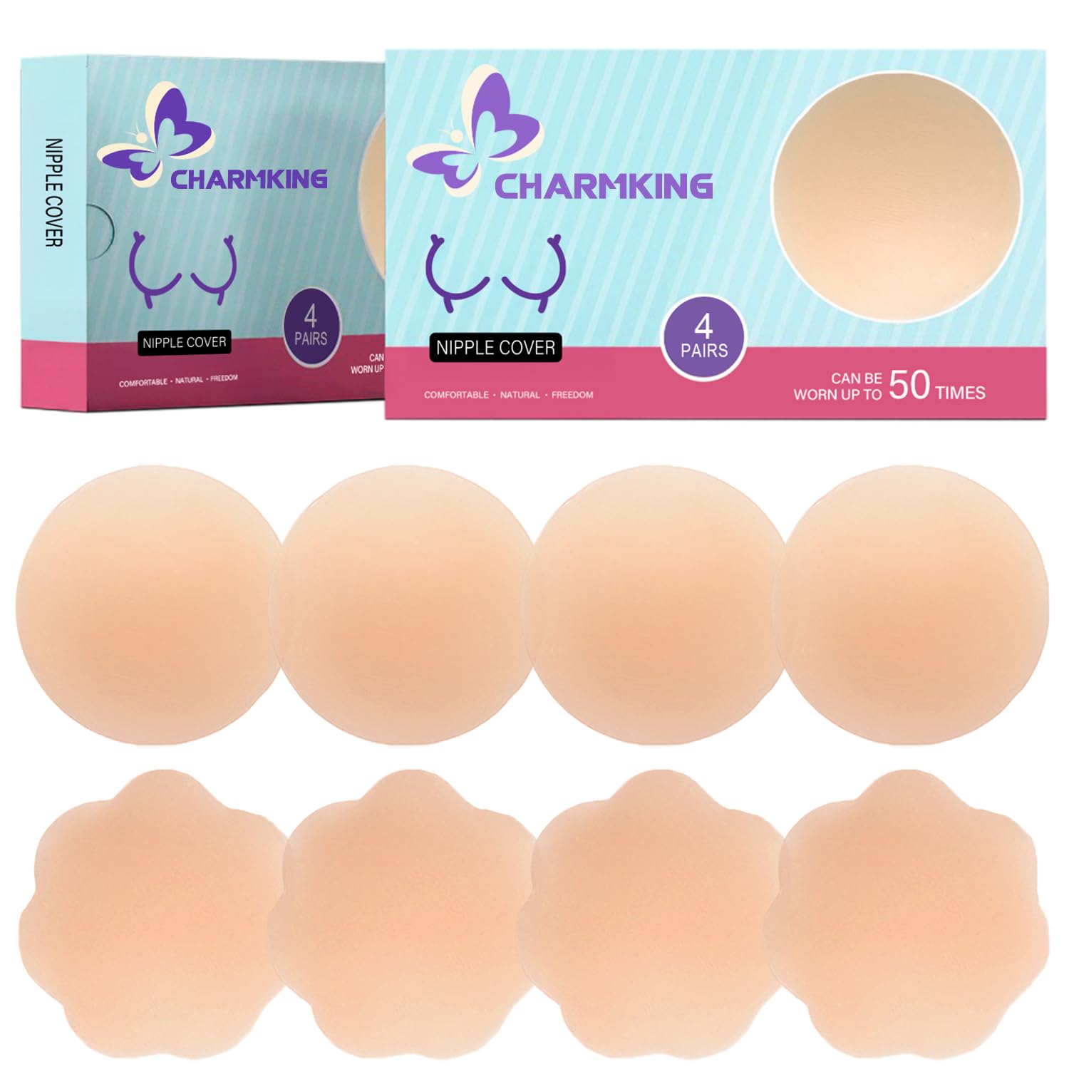 CHARMKING Pasties Nipple Covers 4 Pairs for Women, Reusable Adhesive Silicone Nipple Covers No Show