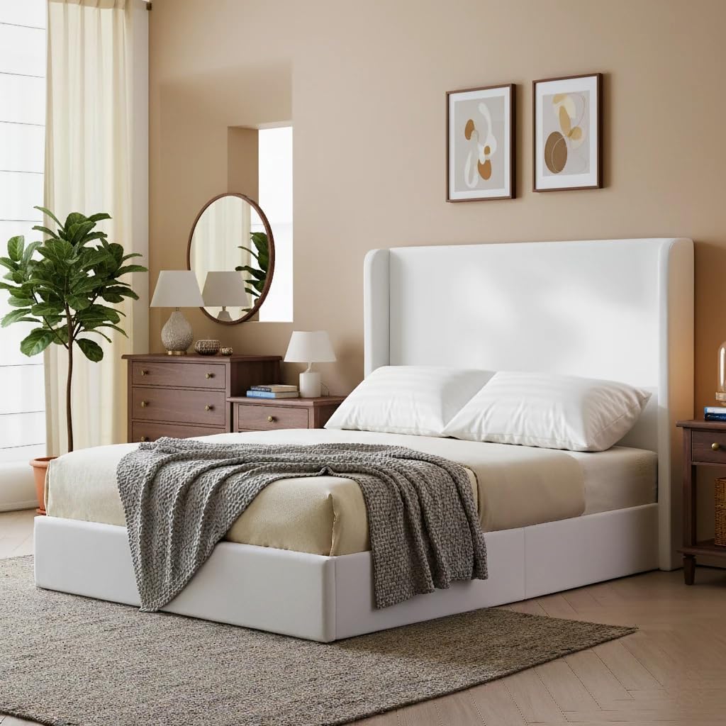 King Upholstered Wingback Bed Frame, 52.3" High Headboard, Coconut White Micro Suede Fabric Platform Bed, Contemporary Luxury Design, Quiet Metal Frame with Wood Slats Support, No Box Spring Required