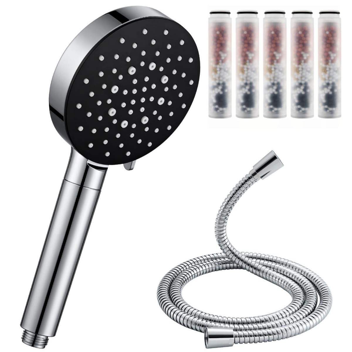 Auralum Filtered Shower Head for Hard Water – High Pressure Handheld with 6 Spray Modes, Water-Saving Design, Includes 5 Replacement Filters & 1.5m Hose - Home Bathroom Essentials – Black