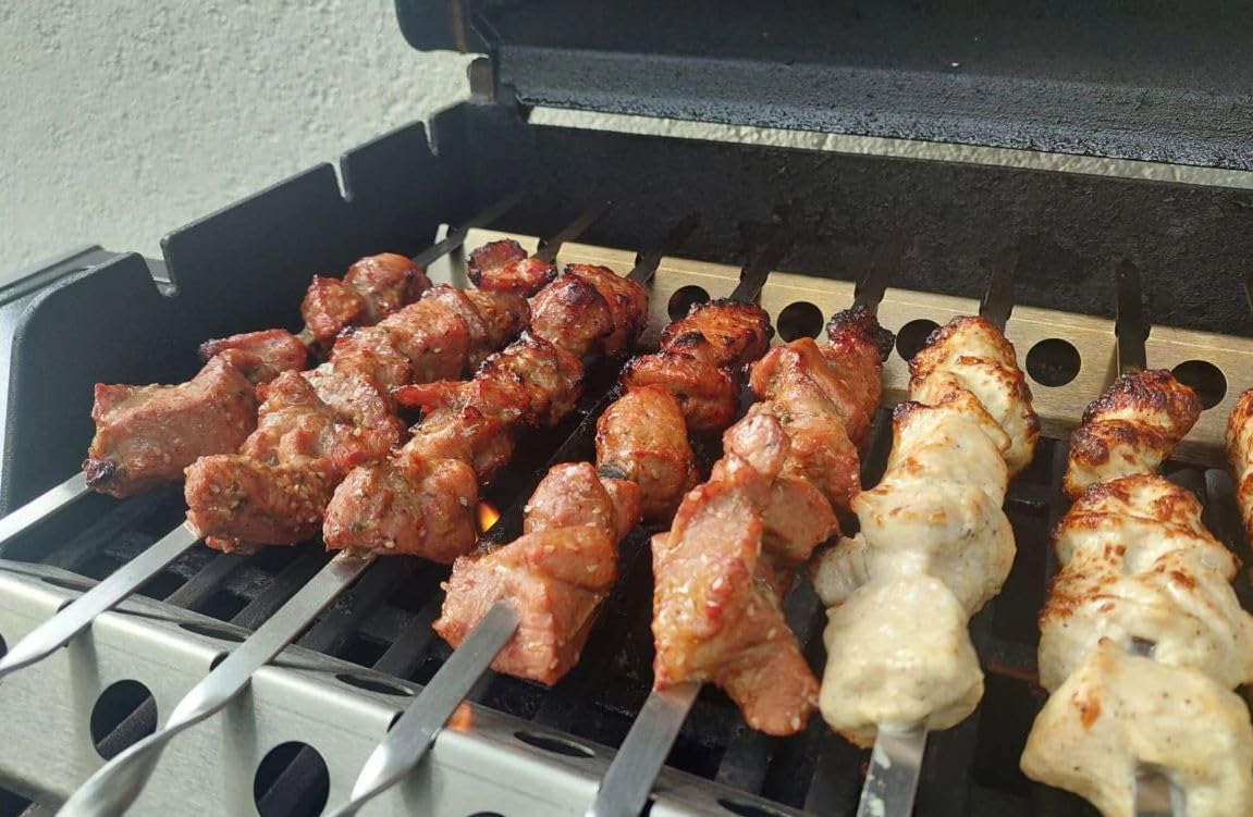 Aganjok Edelstahl V2A Schaschlikaufsatz Grillspieße Spießaufsatz Spießhalter Gestell 470mm 47cm für Gasgrill - Holzkohlgrill (mit 10 Spiessen)