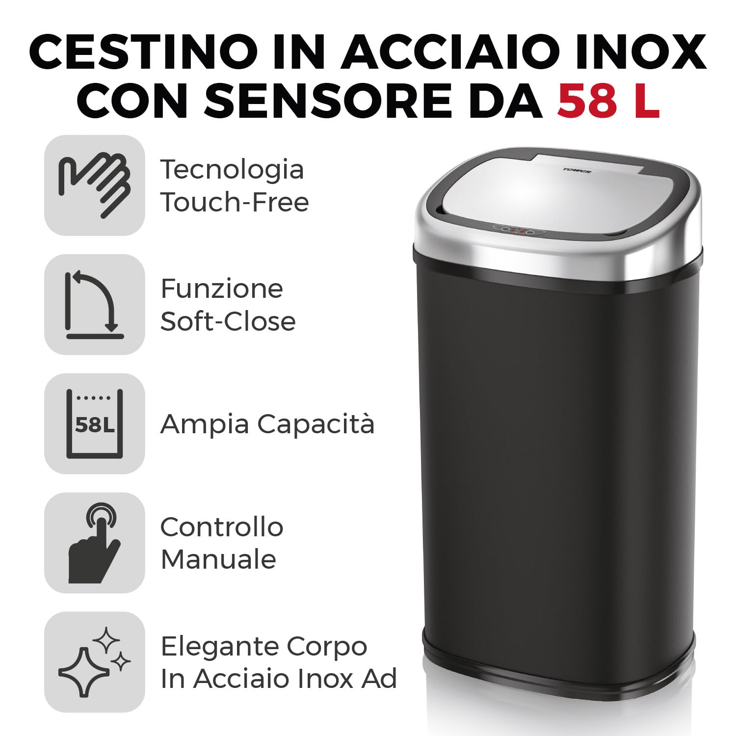 Tower T80900 Cestino Spazzatura in Acciaio Inossidabile con Sensore per Apertutra Automatica, Pattumiera Automatica con Opzione Override Manuale, Secc | Leroy Merlin