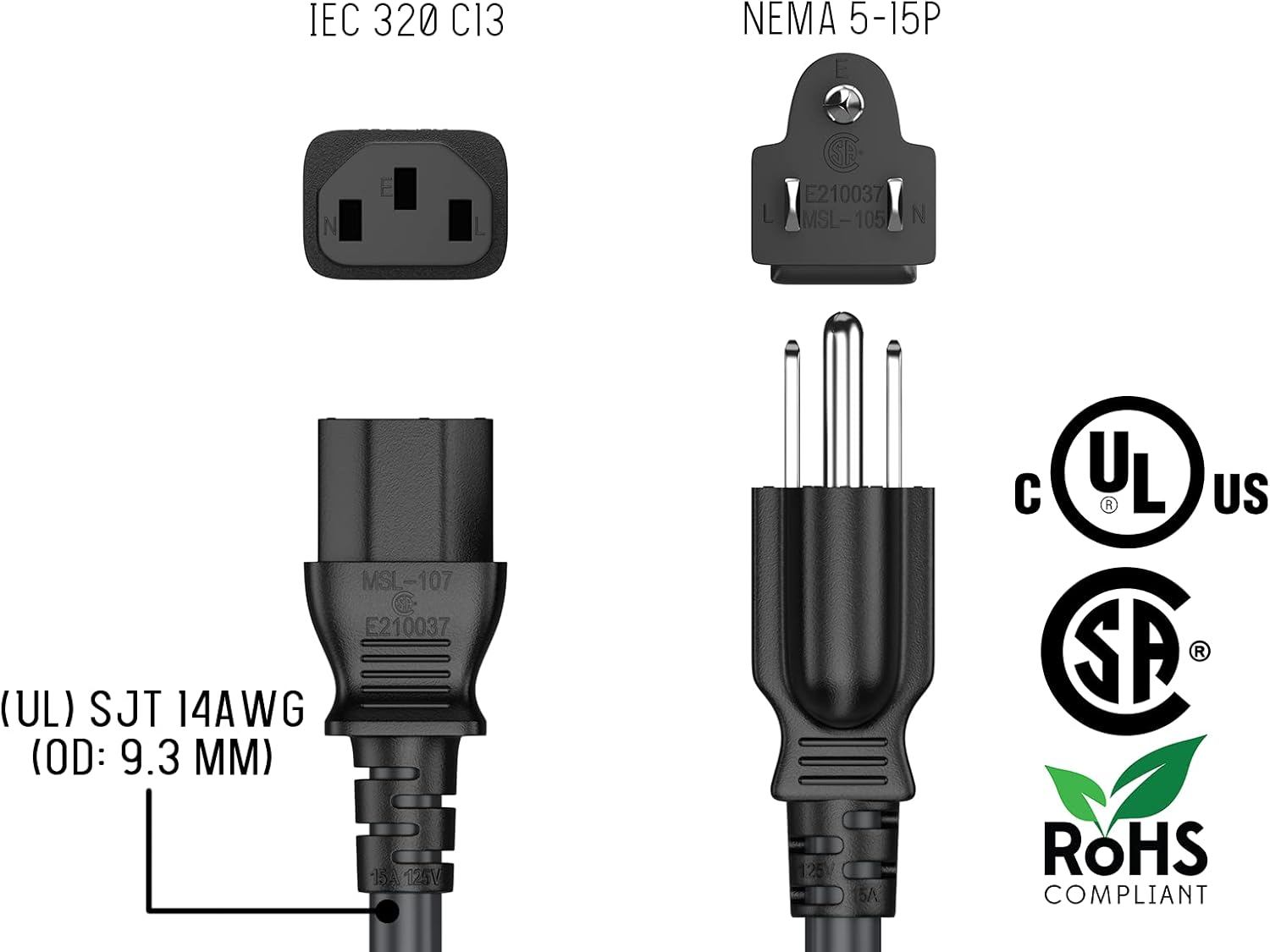 Cable Leader 25ft 14AWG Computer Power Cord, NEMA 5-15P to IEC C13 AC Power Cable, Heavy Duty 3-Prong Replacement Power Cord for PC, Monitor, Printer, Server & TV - Black