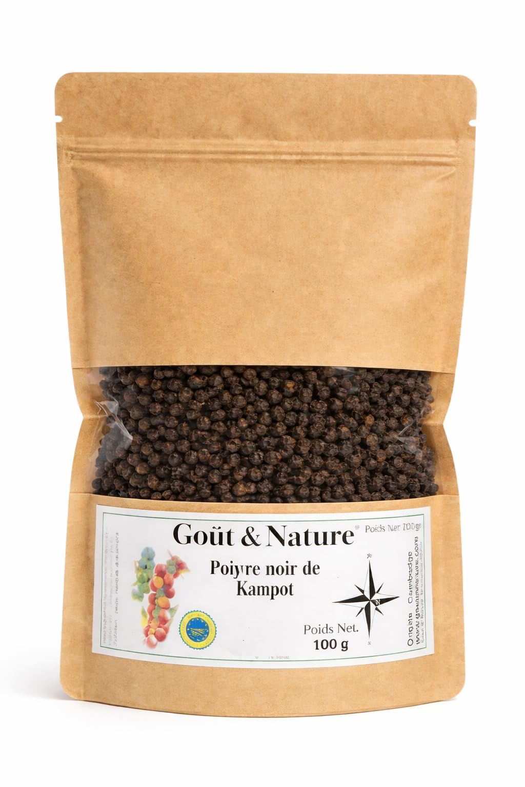 Poivre de Kampot IGP Noir en Grains – 100 g – Poivre Premium du Cambodge – Arôme Intense – Idéal Moulin, Viandes, Poissons et Sauces