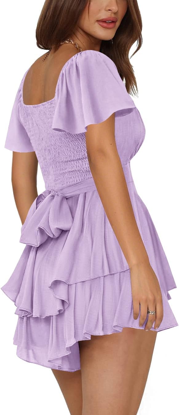 Rooscier Women's Jumpsuit Short Sleeve Ruffle Layer Square Neck Tie Mini Short Rompers - Image 3