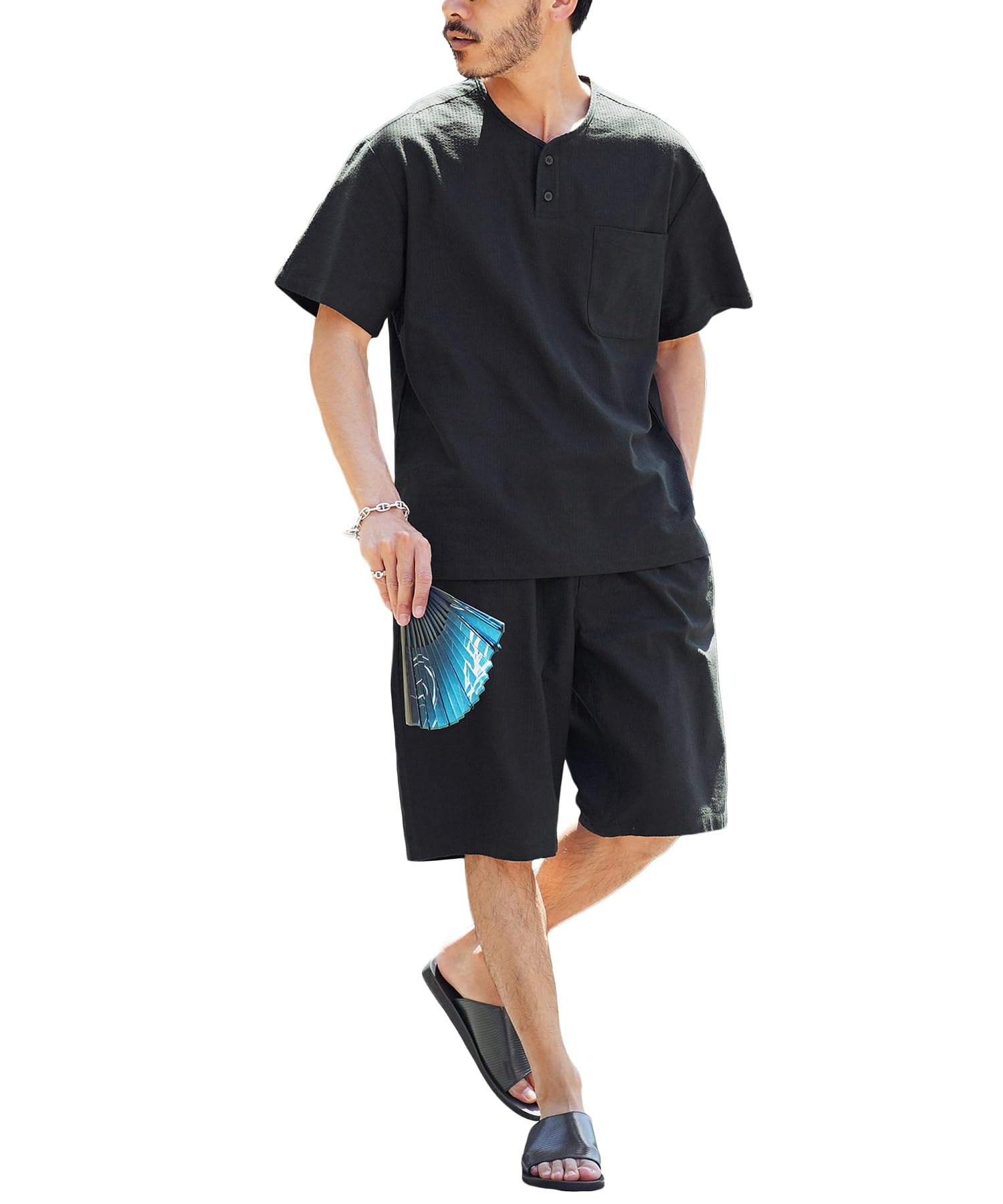 Jiggys Shop Jinbei Men's Top and Bottom Set, Jinbei, 100% Cotton, Kimono, Shijira Weave, Father's Day, Nightwear, Loungewear, Summer Clothing, Festivals, Fireworks, B Black Shijira (Henley Neck) : Clo
