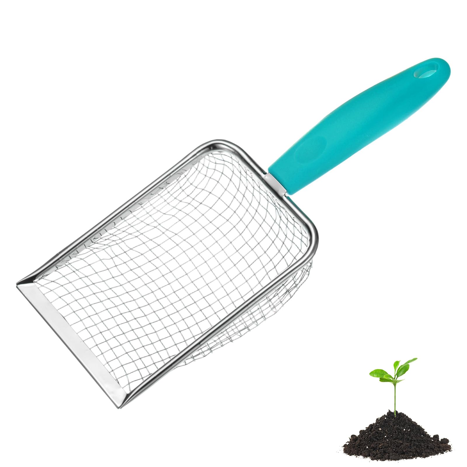M METERXITY 1-Pack Gardening Soil Sifter, 5 mm Mesh Stainless Steel Portable Gardening Sifter with Plastic Handle for Sand/Dirt/Rock Compost [White, Blue]