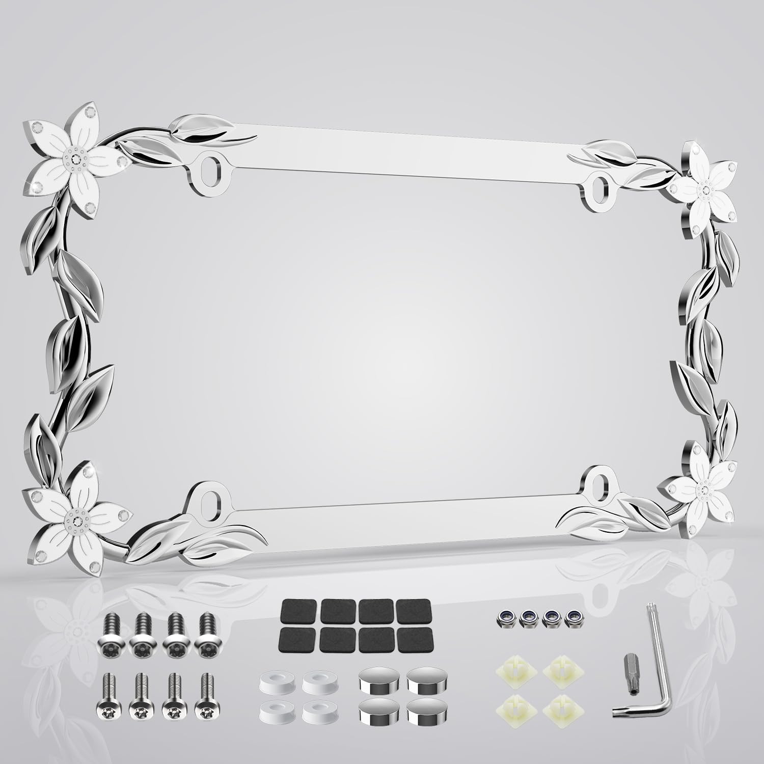 APDOMU Flower Bling License Plate Frame for Women - 3D Chrome Rhinestone Zinc Alloy, Rust-Resistant, Anti-Theft Screws, Fits US/Canada Plates