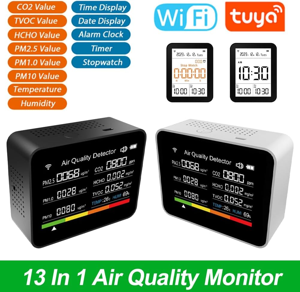 Air Quality Monitor Indoor, 13-in-1 with WiFi Air Quality Tester for CO2 TVOC HCHO PM2.5 PM1.0 PM10 Temperature Humidity More, LED Display Home Air Quality Tester Analyzer (Black)