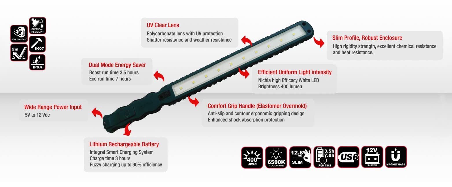 Colester Direct Skinny Light - Lampada da lavoro portatile a LED, ricaricabile, ultra sottile, con supporto magnetico regolabile