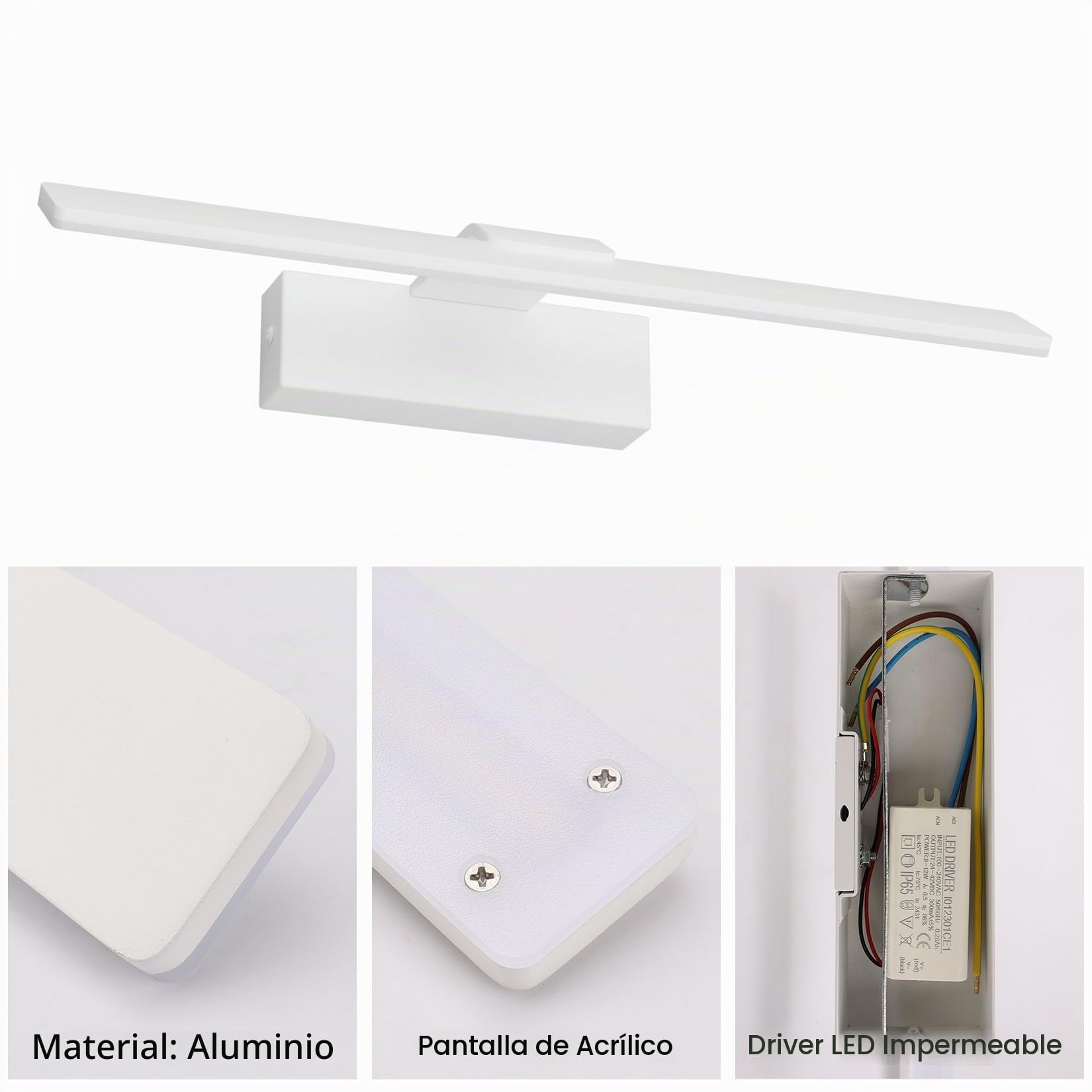 Klighten Lampara Espejo Baño Led 40cm, 12W 1100 Lumen, IP44 Luz Espejo Baño, Aplique Espejo Baño Aluminio Moderno, 60 LEDs, Blanco Cálido 3000K, Blanco