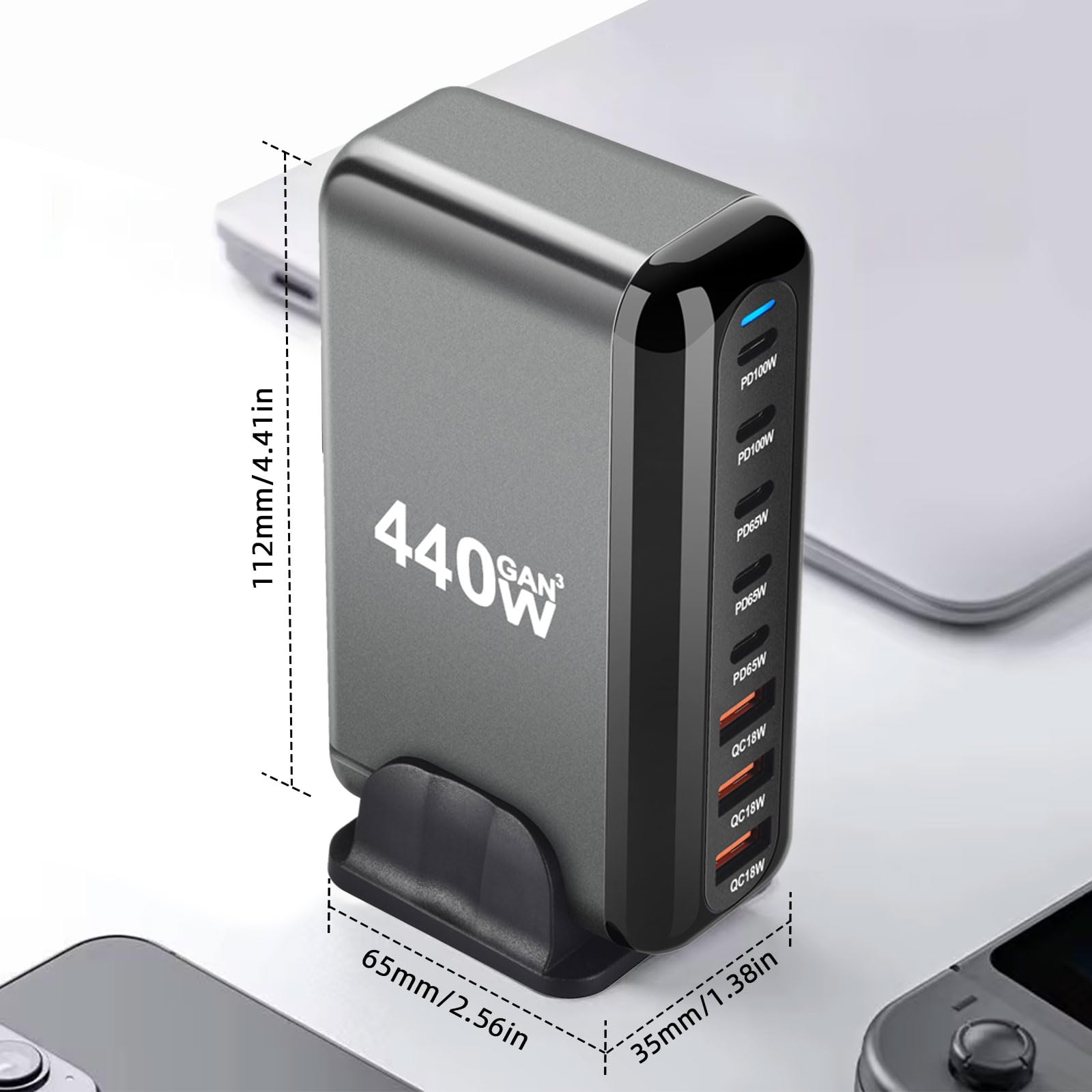 ARCELI Ładowarka USB C 440 W, 8 portów, GaN III, ładowarka USB C z 5 x USB-C PD + 3 x USB-A QC4.0, szybka ładowarka do telefonów 16/15/14 Pro Max, Samsung Galaxy, MacBook, Pad, laptop