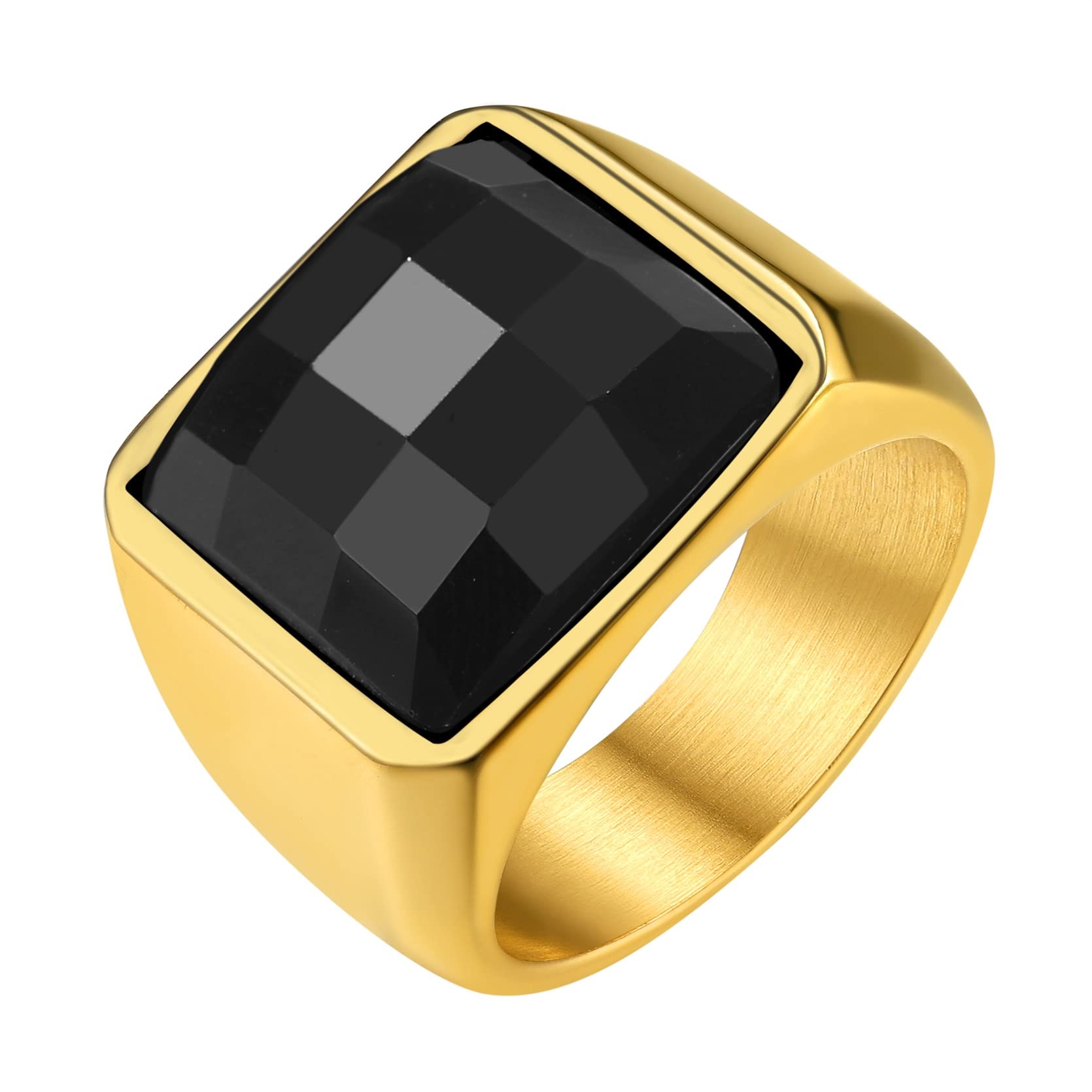 GOLDCHIC JEWELRY GoldChic Anillos Sello Cuadrado con Cristal Negro Azul 15mm Ancho, Anillo Buen Peso Sólido para Promesa Amistad