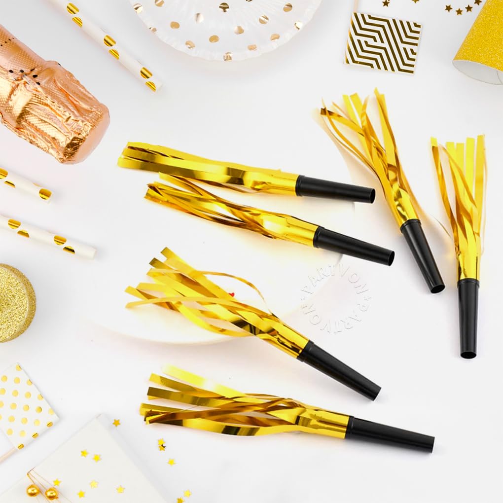 24 Pieces Gold Noise Makers Party Metallic Blowouts Noisemakers for Birthday Baby Shower Retirement Graduation Bachelorette New Year Party Favors Supplies