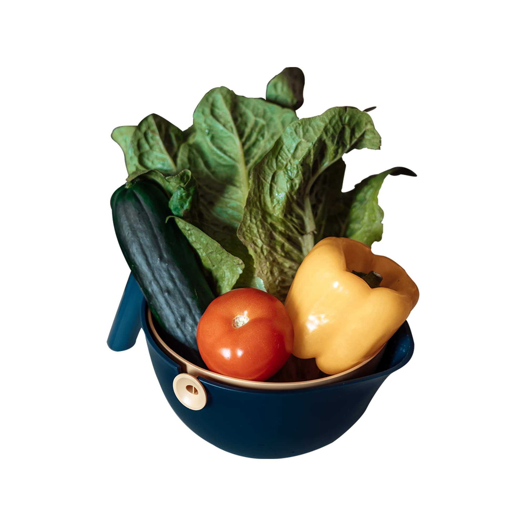 Ciotola e colino rotante per alimenti 2 in 1, a doppio strato, con manico per scolare pasta, frutta, verdura, cestino in plastica per alimenti (blu)