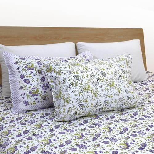 Image of TOAI Hand Block Printed Bedsheet | Bed Spread Flatsheet Bed Sheet | Pure Cotton | Queen Size 90 inchx108 inch | 210 TC Luxury Cotton | 2 Reversible Pillow Covers |Small Lavender Flowers