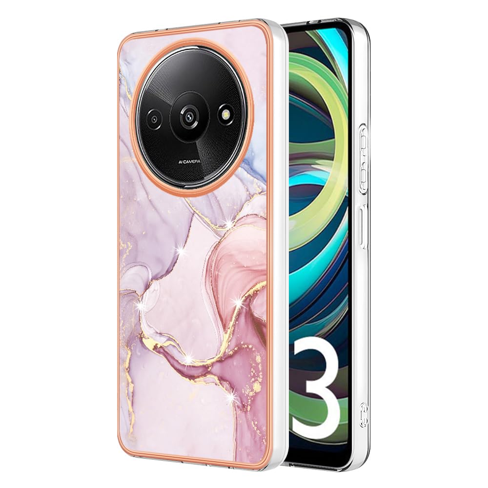 for Xiaomi Redmi A3 Phone Case, Slim Marble Glitter Design Protection Cover for Women Girls Soft TPU Silicone Bumper Rugged Shockproof Case for Xiaomi Redmi A3, Rose Gold