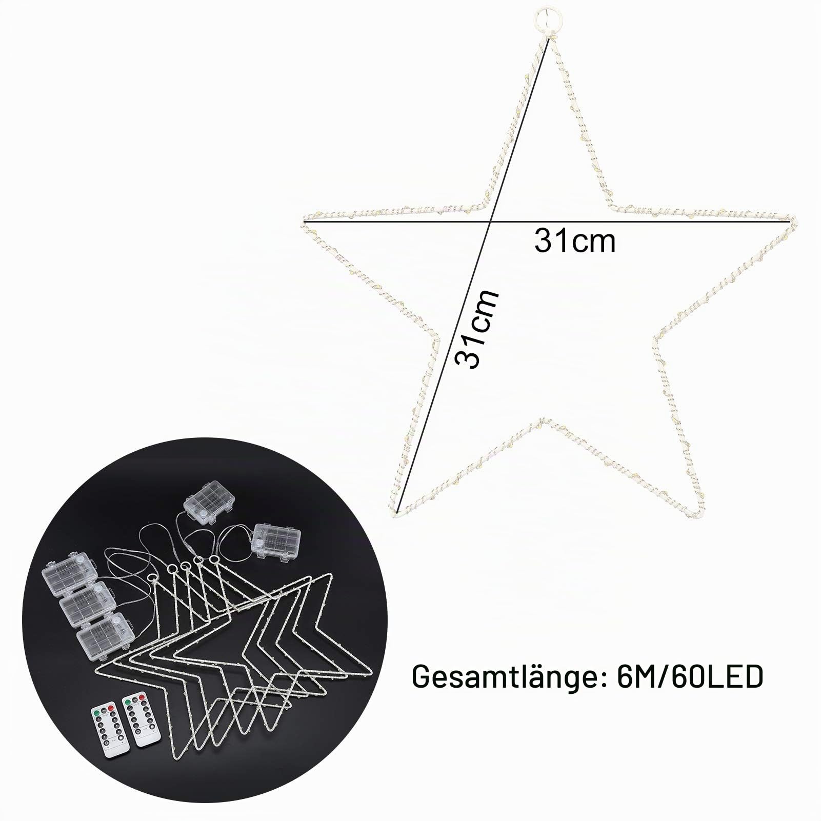 Litake LED Weihnachtsstern Beleuchtung, 6M 60 LED Jeder Stern Weihnachtslichter Stern Fensterdeko Weihnachtsdeko Batteriebetrieben Timer Warmweißen (5 Stk)