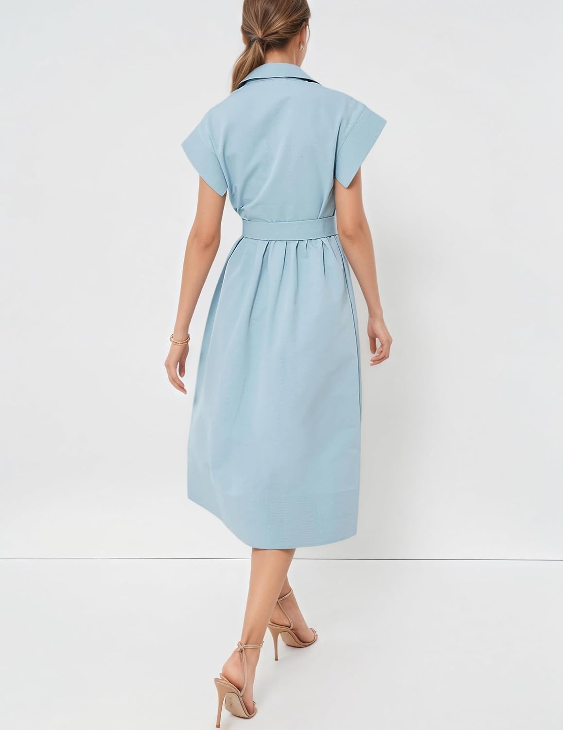 Womens 2025 Summer Short Sleeves Midi Dress Casual Button Down Long Dress with Belt - Image 2