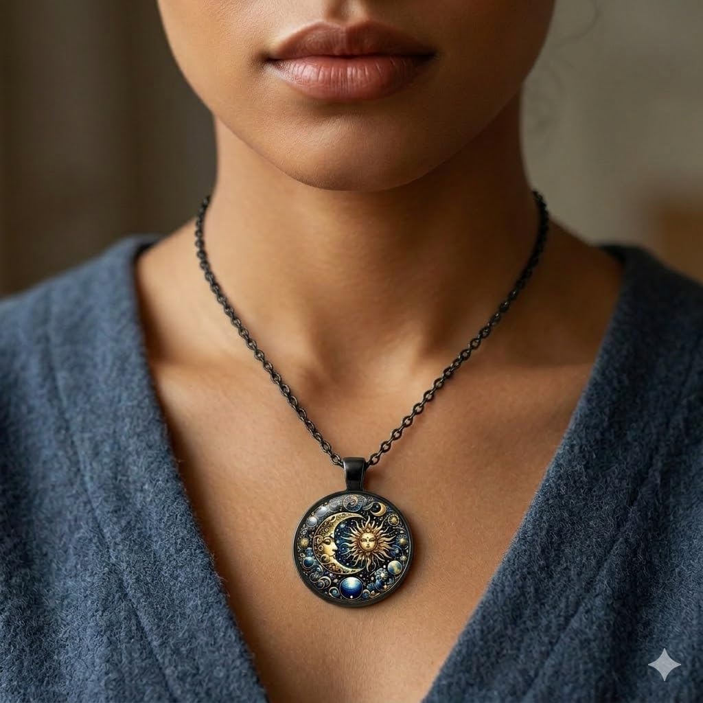 Celestial Sun and Moon Pendant Necklace, Mystical Galaxy Design, Black and Gold, 45cm Chain with 5cm Extension, 2.5cm Round Medallion